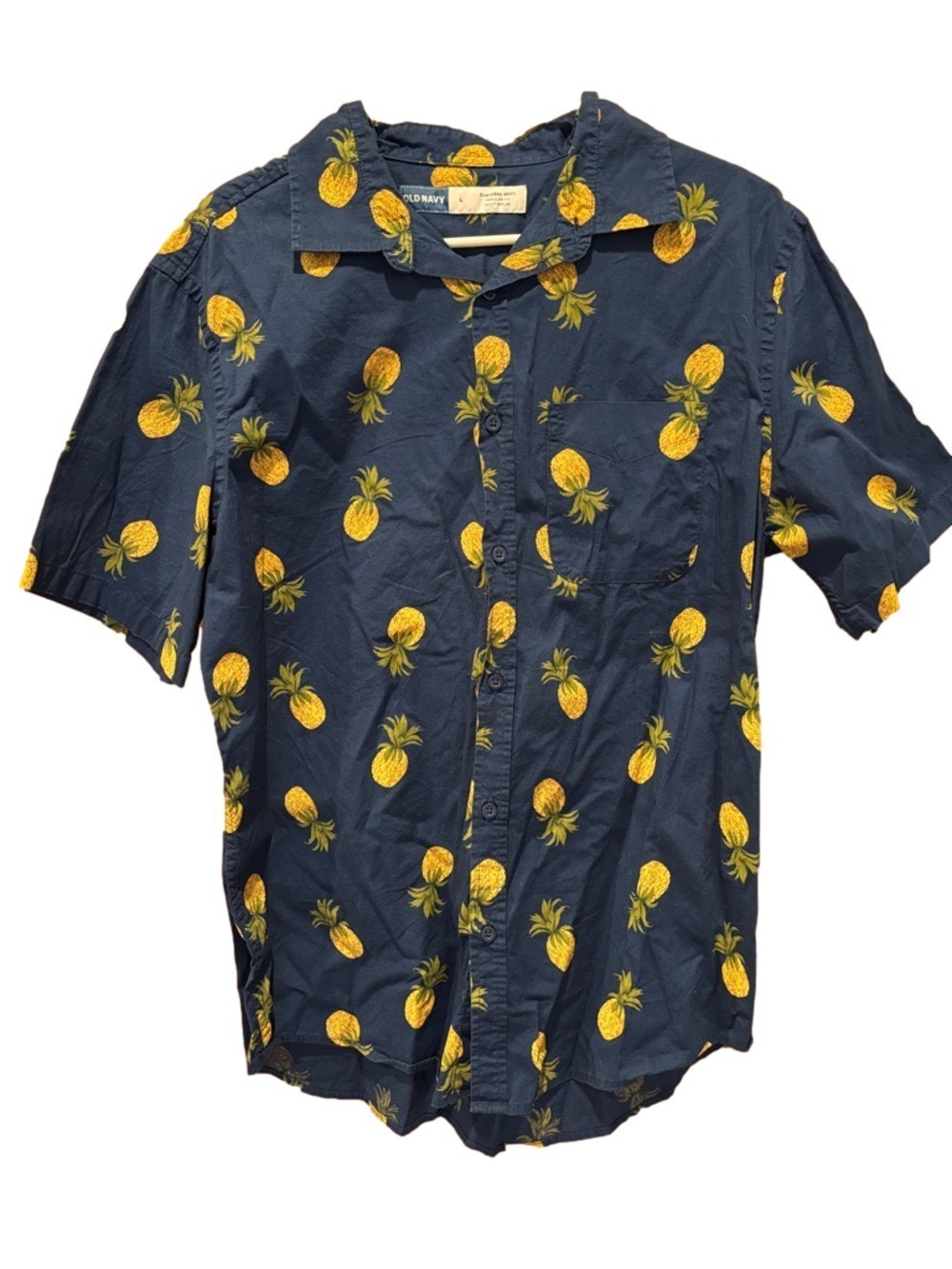 Old Navy Men's Blue and Pineapple Pattern Everyday Button Short Sleeve Shirt - L